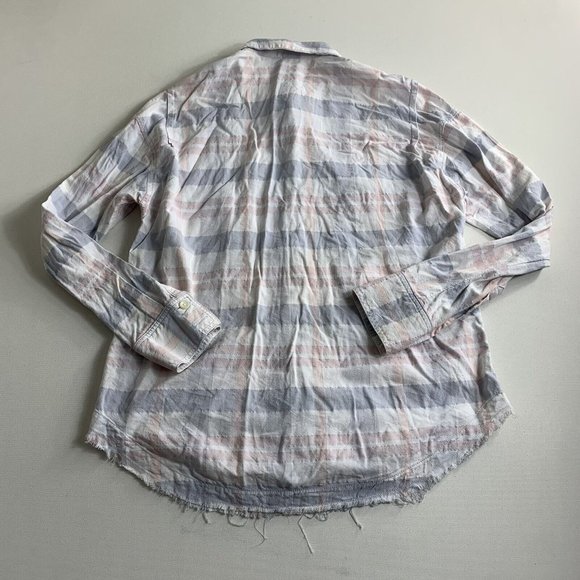 Free People Pastel Blue Pink Plaid Raw Hem Button Down Loveland Shirt Size Small - Picture 2 of 10
